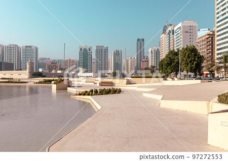 Streets and Skyscrapers. Tall Modern Glass Buildings in Abu Dhabi. United Arab Emirates. Streets and Skyscrapers. Tall Modern Glass Buildings in Abu Dhabi. United Arab Emirates. 97272553