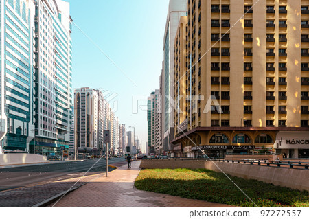 Streets and Skyscrapers. Tall Modern Glass Buildings in Abu Dhabi. United Arab Emirates. 97272557