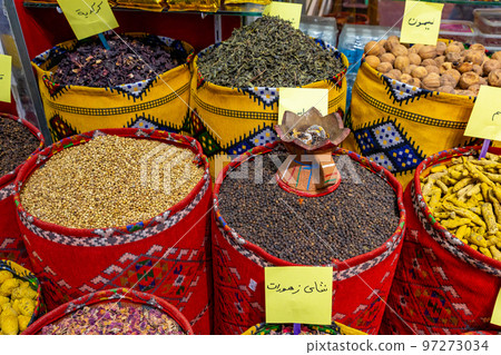 Nuts and Spices in the Old Souq of Nizwa, Oman. Traditional Bazaar with Ingredients of Omani Cuisine. 97273034