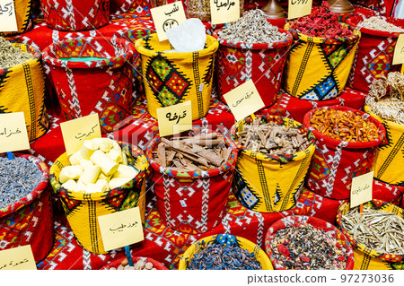 Nuts and Spices in the Old Souq of Nizwa, Oman. Traditional Bazaar with Ingredients of Omani Cuisine. 97273036