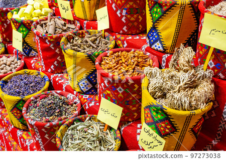 Nuts and Spices in the Old Souq of Nizwa, Oman. Traditional Bazaar with Ingredients of Omani Cuisine. Nuts and Spices in the Old Souq of Nizwa, Oman. Traditional Bazaar with Ingredients of Omani Cuisine. 97273038