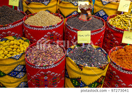 Nuts and Spices in the Old Souq of Nizwa, Oman. Traditional Bazaar with Ingredients of Omani Cuisine. Nuts and Spices in the Old Souq of Nizwa, Oman. Traditional Bazaar with Ingredients of Omani Cuisine. 97273041