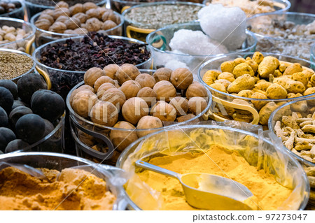 Nuts and Spices in the Old Souq of Nizwa, Oman. Traditional Bazaar with Ingredients of Omani Cuisine. 97273047