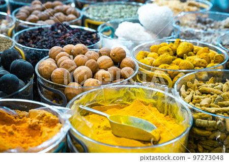 Nuts and Spices in the Old Souq of Nizwa, Oman. Traditional Bazaar with Ingredients of Omani Cuisine. 97273048