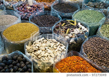 Nuts and Spices in the Old Souq of Nizwa, Oman. Traditional Bazaar with Ingredients of Omani Cuisine. 97273049