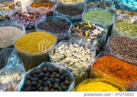 Nuts and Spices in the Old Souq of Nizwa, Oman. Traditional Bazaar with Ingredients of Omani Cuisine. 97273050