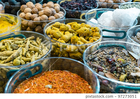 Nuts and Spices in the Old Souq of Nizwa, Oman. Traditional Bazaar with Ingredients of Omani Cuisine. 97273051