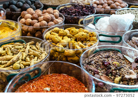 Nuts and Spices in the Old Souq of Nizwa, Oman. Traditional Bazaar with Ingredients of Omani Cuisine. 97273052