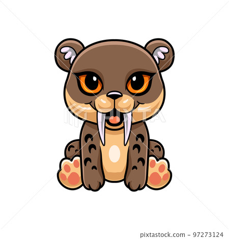 Cute little smilodon cartoon sitting 97273124