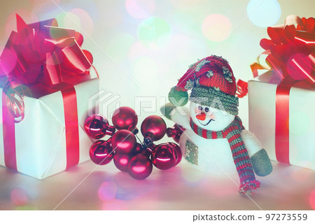snowman, Christmas gifts and Christmas balls .isolated on white 97273559