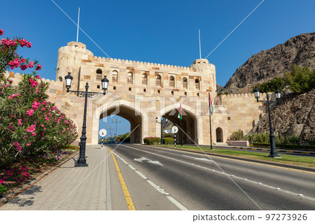 Muscat Gate Museum. Traditional Omani architecture. Old Town of Muscat near Mutrah Corniche, Oman. Arabian Peninsula.  97273926