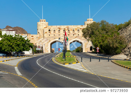 Muscat Gate Museum. Traditional Omani architecture. Old Town of Muscat near Mutrah Corniche, Oman. Arabian Peninsula.  97273930