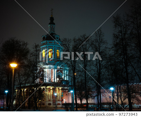 Night winter view to western gates and belltower of Donskoy monastery at Moscow, Russia Night winter view to western gates and belltower of Donskoy monastery at Moscow, Russia 97273943