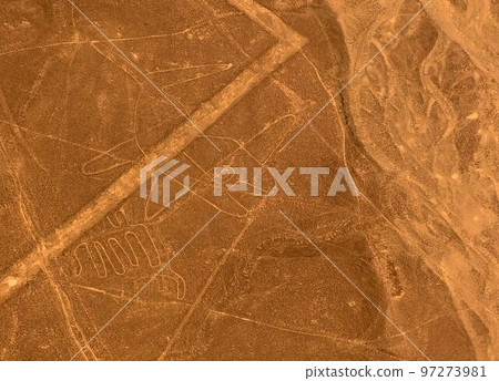 Aerial airplane panoramic view to Nazca geoglyph lines aka Whale, Ica, Peru 97273981
