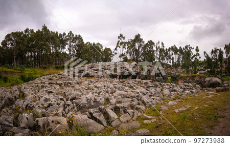 View to ruins of Qenqo or Kenko archaeological site at Cuzco, Peru 97273988