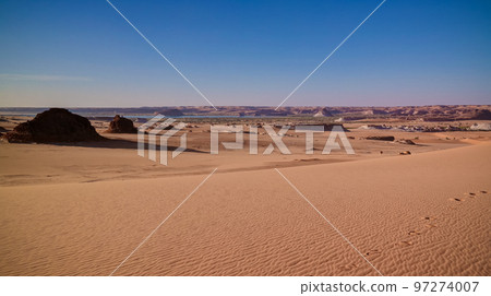Panoramic Aerial view to Djiara, Ahoita, Daleyala and Boukkou lakes group of Ounianga Serir lakes at the Ennedi, Chad 97274007