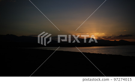 Panorama of Song Kul lake at the sunset, Kyrgyzstan 97274015