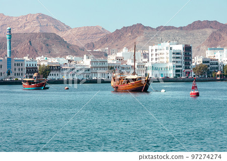 Traditional Omani architecture. Old Town of Muscat along Mutrah Corniche, Oman. Arabian Peninsula.  97274274