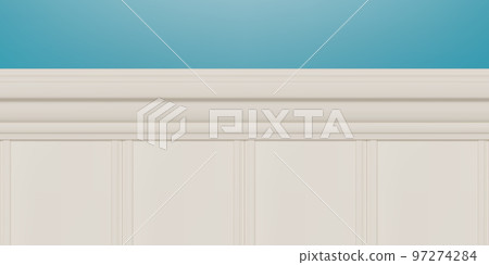 White beadboard or wainscot with top chair guard trim seamless pattern on blue wall White beadboard or wainscot with top chair guard trim seamless pattern on blue wall 97274284