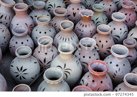 Hand Made Pottery in Nizwa Market. Clay Jars at the Rural Traditional Arabic Bazaar, Oman.  97274345