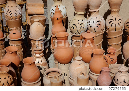 Hand Made Pottery in Nizwa Market. Clay Jars at the Rural Traditional Arabic Bazaar, Oman.  97274363