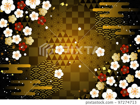 Dark gold Japanese background horizontal of corner plum on hexagonal auspicious pattern 97274713