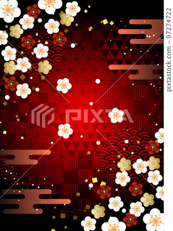 Red Japanese background vertical of corner plum on hexagonal auspicious pattern 97274722