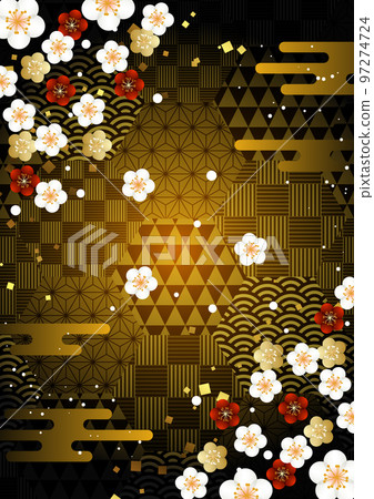 六角吉祥圖案角梅的深金色日本背景垂直 97274724