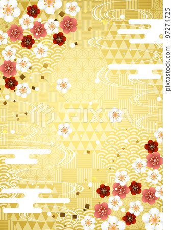 六角吉祥圖案上角梅的亮金色日本背景垂直 六角吉祥圖案上角梅的亮金色日本背景垂直 97274725