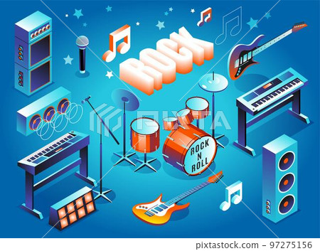 Rock Music musical instruments and 3d word rock set, Isometric Vector Icons on isolated background 97275156