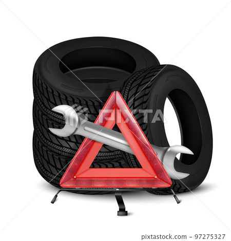 Black rubber tires with tool and sign. Realistic tires for auto repair shop advertising. 97275327