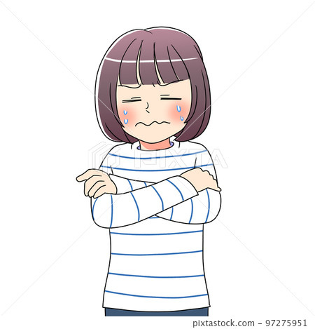 Bob hair woman cartoon material with folded arms and suffering from cold sweat Bob hair woman cartoon material with folded arms and suffering from cold sweat 97275951