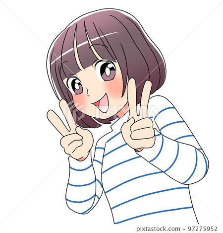bob hair woman cartoon material doing double peace sign bob hair woman cartoon material doing double peace sign 97275952