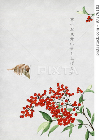 Greeting card in cold weather drawn by watercolor Template with letters Japanese paper background 97276182