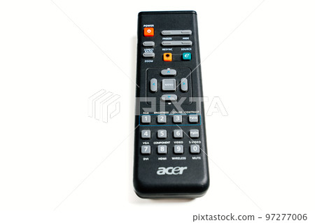 black remote control for home video projector Acer on a white background. black remote control for home video projector Acer on a white background. 97277006