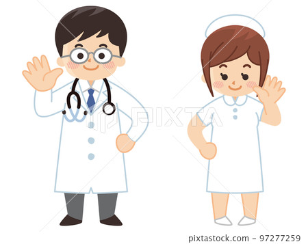 A male doctor and a female nurse waving hands Healthcare workers A male doctor and a female nurse waving hands Healthcare workers 97277259