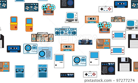 Seamless pattern endless with tech electronics equipment old retro vintage hipster from 70s, 80s, 90s isolated on white background. Vector illustration Seamless pattern endless with tech electronics equipment old retro vintage hipster from 70s, 80s, 90s isolated on white background. Vector illustration 97277274