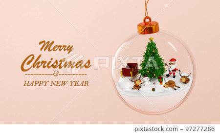 Santa clause with sleigh snowman  Christmas tree, snow in glass ball, Christmas Xmas, 3D render 97277286
