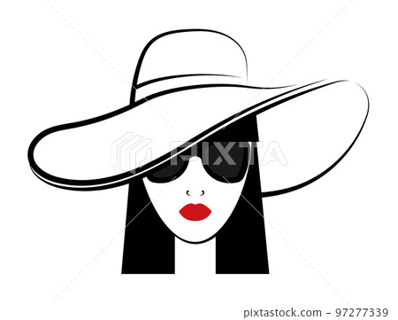 Young girl in wide hat and sunglasses with long black hair. Sketch of female character with black lines. Minimalistic Vector isolated on white background Young girl in wide hat and sunglasses with long black hair. Sketch of female character with black lines. Minimalistic Vector isolated on white background 97277339