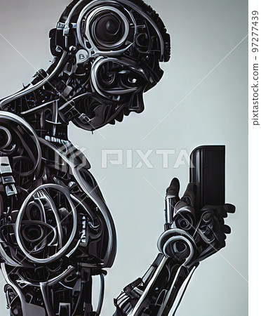 Mechanical robot with recognizable circuitry and inner workings carries on a conversation with its communication device made with generative AI 97277439