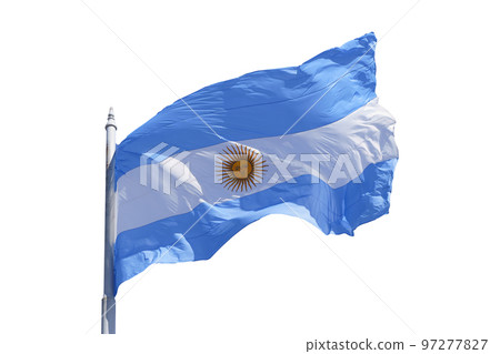 Argentine flag on a blank white background isolate. Blue and white National symbol of Argentinean culture and patriotism. Argentine flag on a blank white background isolate. Blue and white National symbol of Argentinean culture and patriotism. 97277827