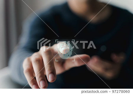 Man Fingerprint scanning and biometric authentication, cybersecurity and fingerprint password, future technology and cybernetics. 97278060