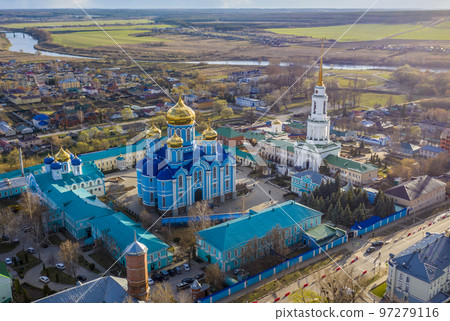 Vladimir Cathedral of the Zadonsk Nativity of the mother of God monastery, aerial photography from a bird's eye view 97279116
