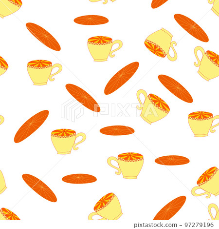 Cups and saucers bright seamless pattern. Tea, tea shop, coffee. Wallpaper, wrapping paper Cups and saucers bright seamless pattern. Tea, tea shop, coffee. Wallpaper, wrapping paper 97279196