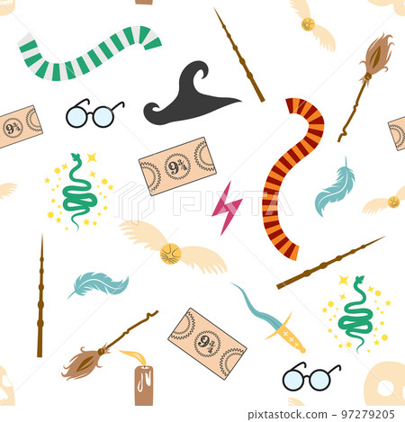 Magic items seamless pattern in flat style. School of Magic. Pumpkin, key, magic ball, feather, spider, purple hat, broom, skull, snake 97279205