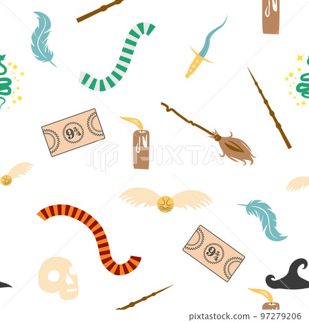 Magic items seamless pattern in flat style. School of Magic. Pumpkin, key, magic ball, feather, spider, purple hat, broom, skull, snake 97279206