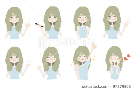 [Recommended, holding a pen, guts, OK, please, waving, delicious] Variation set of facial expressions and poses 97279806