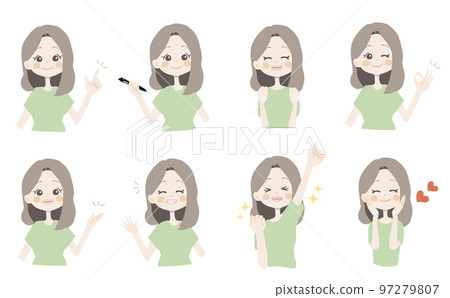 [Recommended, holding a pen, guts, OK, please, waving, delicious] Variation set of facial expressions and poses 97279807