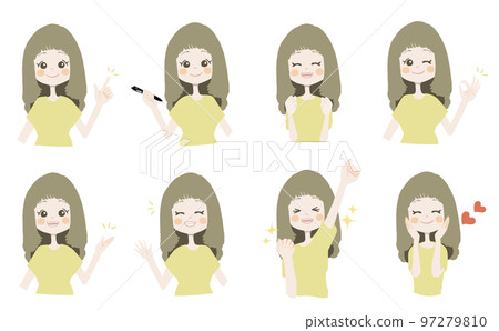 [Recommended, holding a pen, guts, OK, please, waving, delicious] Variation set of facial expressions and poses 97279810