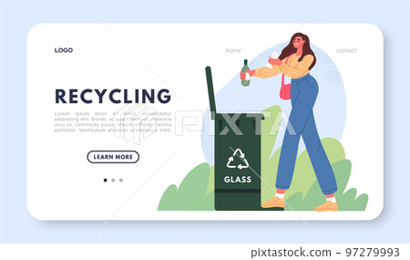 Recycling garbage bin concept. Woman is taking out plastic rubbish into a container. Sorting and Recycling concept. Flat vector illustration Recycling garbage bin concept. Woman is taking out plastic rubbish into a container. Sorting and Recycling concept. Flat vector illustration 97279993